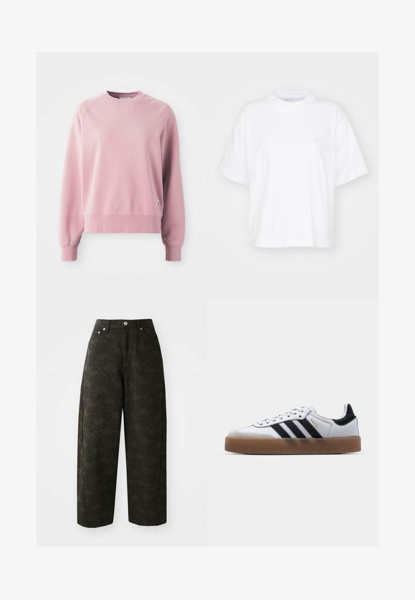 Lichtroze crewneck sweatshirt met raglanmouwen, geribbelde manchetten en zoom, gemaakt van een zachte stof. Bevat een klein logolabel aan de zijkant.; Witte katoenen t-shirt met een ronde hals, korte mouwen en een ontspannen pasvorm. Heeft een subtiel logo op het linkerborstgedeelte. Zachte textuur.; Donkergroene wijde broek met een gestructureerd bloempatroon, vijf zakken en metalen knoopsluitingen in de taille.; Witte leren sneakers met zwarte strepen, gumrubberen buitenzool, ronde neus, vetersluiting en een zachte grijze suède neuskap.