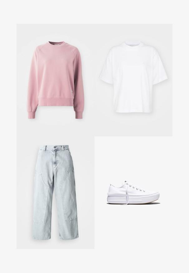 Helles rosa Sweatshirt mit Rundhalsausschnitt und Raglanärmeln, gerippten Bündchen und Saum, aus weichem Stoff gefertigt. Mit einem kleinen Logo-Tag an der Seite.; Weißes Baumwoll-T-Shirt mit Rundhalsausschnitt, kurzen Ärmeln und lockerer Passform. Verfügt über ein dezentes Logo auf der linken Brustseite. Glatte Textur.; Helle blaue Denim-Hosen mit weitem Bein, großen Seitentaschen, hohem Bund und lockerer Passform. Abgenutzte Textur mit verwaschenem Finish.; Weißer Canvas-Sneaker mit niedrigem Schnitt, dicker Plateau-Sohle, vorderer Schnürung und rauer Gummikappe an der Spitze, aus seitlicher Ansicht gezeigt.