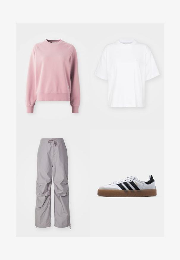 Lichtroze crewneck sweatshirt met raglanmouwen, geribbelde manchetten en zoom, gemaakt van een zachte stof. Bevat een klein logolabel aan de zijkant.; Witte katoenen t-shirt met een ronde hals, korte mouwen en een ontspannen pasvorm. Heeft een subtiel logo op het linkerborstgedeelte. Zachte textuur.; Grijze, loszittende broek van lichtgewicht stof, met een trekkoord taille en taps toelopende boorden met ritssluitingen. Gecoate afwerking.; Witte leren sneakers met zwarte strepen, gumrubberen buitenzool, ronde neus, vetersluiting en een zachte grijze suède neuskap.