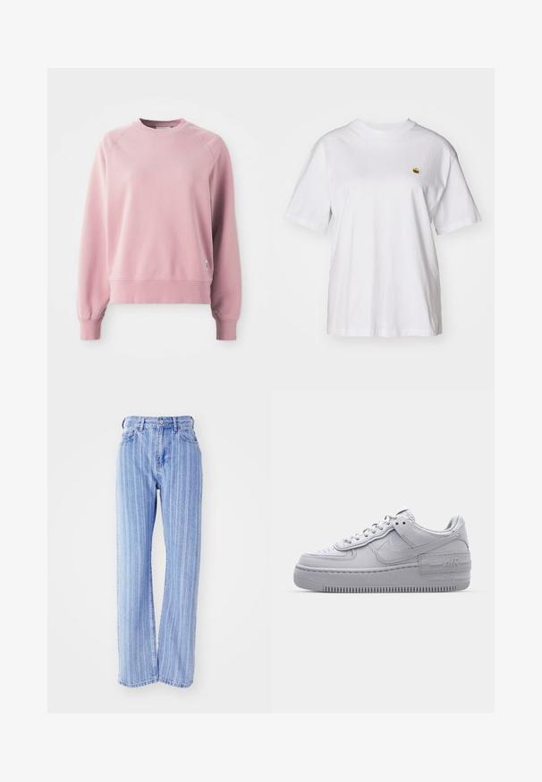 Lichtroze crewneck sweatshirt met raglanmouwen, geribbelde manchetten en zoom, gemaakt van een zachte stof. Bevat een klein logolabel aan de zijkant.; Witte katoenen t-shirt met een relaxte pasvorm, korte mouwen en een klein geborduurd logo op de linkerborst.; Lichtblauwe denim jeans met verticale witte strepen, hoge taille, losse pasvorm, vijf zakken en een knoopsluiting.; Grijze Nike Air Force 1 sneaker met geperforeerde neus, glad leren bovenwerk, dikke zool en verhoogde 'AIR' details op de hiel.