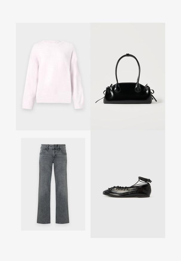 Pull en tricot rose pâle avec un col rond et des poignets côtelés. Présente une coupe décontractée et une texture douce. Étiquette de marque visible au niveau du col.; Jeans en denim gris à jambe droite avec bouton frontal, fermeture éclair et cinq poches, présentés sur un fond blanc.; Ballerines en cuir verni noir avec un bout rond, un design à lacets et une semelle plate. Texture lisse avec peu de détails.; Petit sac à main noir brillant avec deux longues anses et des détails à cordon sur les côtés sur un fond clair uni.