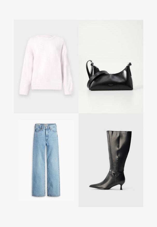 Pull en tricot rose pâle avec un col rond et des poignets côtelés. Présente une coupe décontractée et une texture douce. Étiquette de marque visible au niveau du col.; Jean large taille haute en denim bleu clair avec fermeture à bouton et zip à l'avant, passants de ceinture et cinq poches.; Botte en cuir noire montant jusqu'au genou, avec un bout pointu et un petit talon bas, présentée sur un fond clair uni.; Sac à main en cuir noir avec une texture lisse. Dispose d'une bandoulière adjustable et d'un design élégant et minimaliste avec une fermeture éclair.
