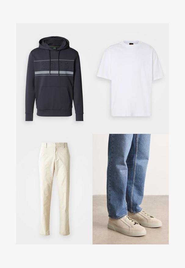 Marine hoodie met een kangoeroezak, capuchon met trekkoord en reliëf 'BOSS' logo. Heeft grijze strepen over de borst en geribbelde manchetten.; Witte katoenen T-shirt met ronde hals, korte mouwen en een ontspannen pasvorm. Heeft textuur op de schoudernaden voor extra detail.; Lichtbeige op maat gemaakte broeken met een gestructureerd patroon, rechte pasvorm en een middelhoge tailleband, voorzien van riemlussen en zonder zichtbare zakken.; BOSS GARYTENN_SDHDEL - Sneakers laag - natural ten