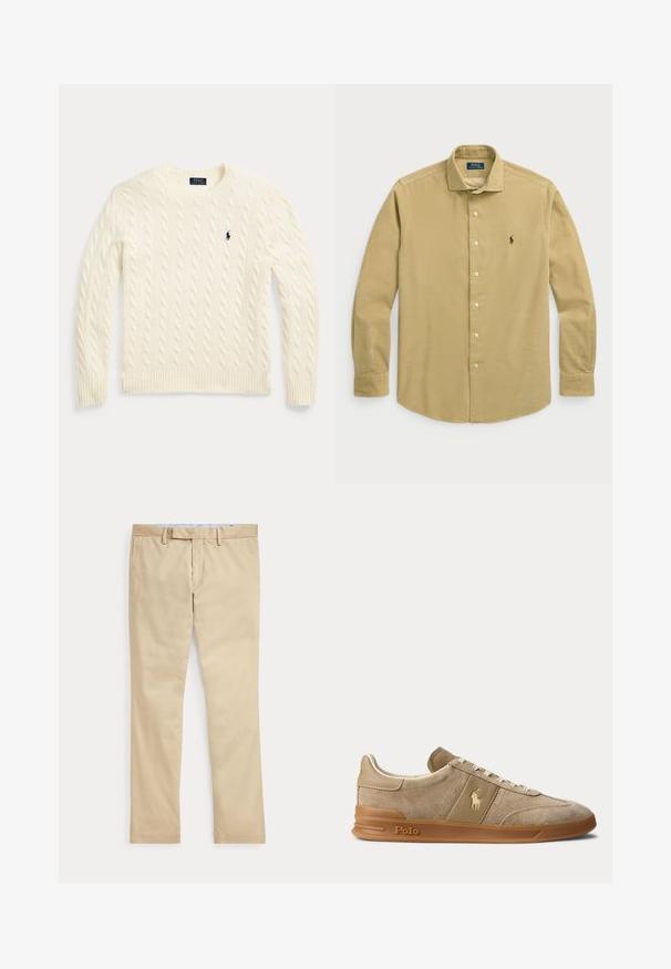 Pull en maille torsadée couleur crème avec manches longues et logo Polo Ralph Lauren brodé sur la poitrine gauche.; Chemise à manches longues de couleur kaki clair en coton, dotée d'un col boutonné, de boutons sur le devant et d'un petit logo brodé sur la poitrine.; Pantalon beige à jambes droites avec passants de ceinture et braguette zippée à l'avant, posé à plat sur un fond blanc.; Basket basse beige en daim et cuir avec semelle en gomme, lacets blancs, et logo Polo sur le côté et la semelle.