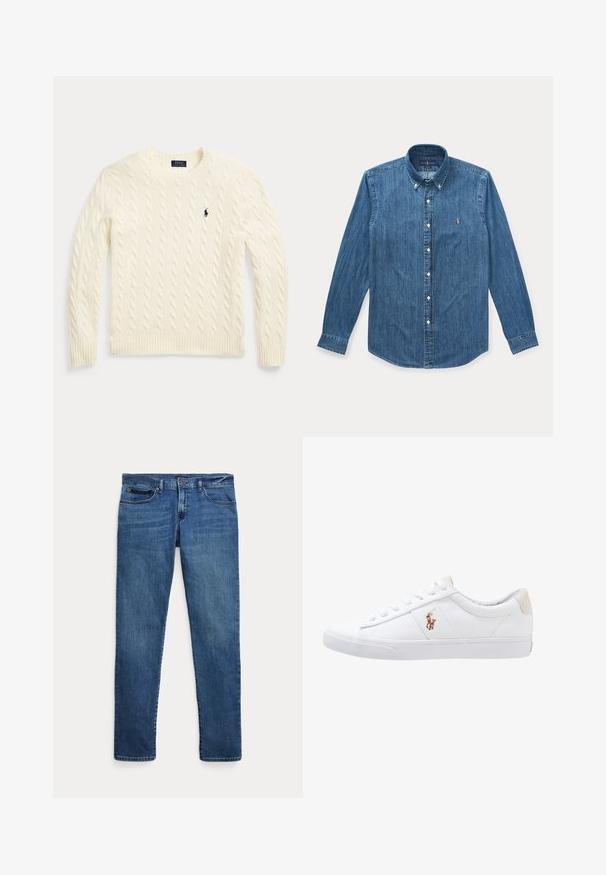 Cremefarbener Strickpullover mit Zopfstrickmuster, langen Ärmeln und dem Polo Ralph Lauren Logo, das auf der linken Brust gestickt ist.; Langärmeliges blaues Denim-Hemd mit Knöpfen, Kragen und kleinem eingesticktem Logo auf der linken Brust.; Blaue Jeans aus Denim mit schmalem Schnitt, ausgestattet mit vorderen Taschen, Gürtelschlaufen und einem Knopfverschluss vor weißem Hintergrund.; Weiße Leinensneaker im Low-Top-Design mit einem beigen Ferseneinsatz und einem kleinen gestickten Logo an der Seite. Gummisohle.