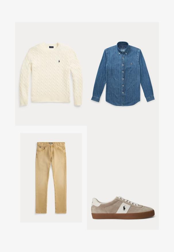 Crèmekleurige kabelgebreide trui met lange mouwen en geborduurd Polo Ralph Lauren-logo op de linkerborst.; Blauw denim overhemd met lange mouwen, knopen, kraag en klein geborduurd logo op de linkerborst.; Beige katoenen jeans met een slim fit, vijf zakken en zichtbare stiksels. Voorzien van een metalen knoop en label op de tailleband.; Beige suède lage sneaker met witte veters, wit lederen accent met zwart paardenlogo en een bruine rubberen zool.