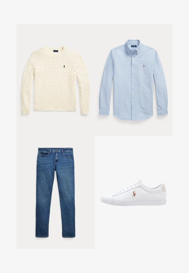 Cremefarbener Strickpullover mit Zopfstrickmuster, langen Ärmeln und dem Polo Ralph Lauren Logo, das auf der linken Brust gestickt ist.; Hellblaues langärmliges Hemd mit weißen vertikalen Streifen und kleinem besticktem Polo Ralph Lauren Logo auf der linken Brust.; Blaue Jeans aus Denim mit schmalem Schnitt, ausgestattet mit vorderen Taschen, Gürtelschlaufen und einem Knopfverschluss vor weißem Hintergrund.; Weiße Leinensneaker im Low-Top-Design mit einem beigen Ferseneinsatz und einem kleinen gestickten Logo an der Seite. Gummisohle.