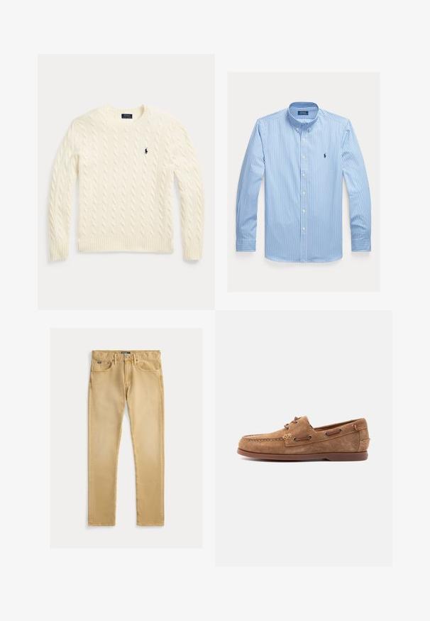 Jersey de punto trenzado color crema con mangas largas y logo de Polo Ralph Lauren bordado en el pecho izquierdo.; Camisa de manga larga con botones, de rayas verticales azules y blancas, con cuello y logo de Polo Ralph Lauren en el pecho.; Vaqueros de algodón beige con un ajuste slim, diseño de cinco bolsillos y costura visible. Presentan un botón de metal y una etiqueta en la cinturilla.; Mocasín de ante marrón con detalles de cordón de cuero, puntera cosida y suela plana de goma, mostrado de lado sobre un fondo claro.