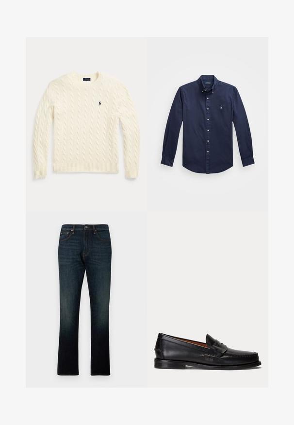 Kremfarvet kabelstrikket sweater med lange ærmer og Polo Ralph Lauren-logo broderet på venstre bryst.; Mørkeblå langærmet skjorte med knapper lavet af bomuld, med et lille broderet logo på brystet og hvide knapper foran.; Mørkeblå straight-leg denim jeans med fem lommer og orange syninger, vist fladt på en hvid baggrund.; Sort læderloafer med lav hæl og pennyremdetalje, vist fra siden på en lysegrå baggrund.