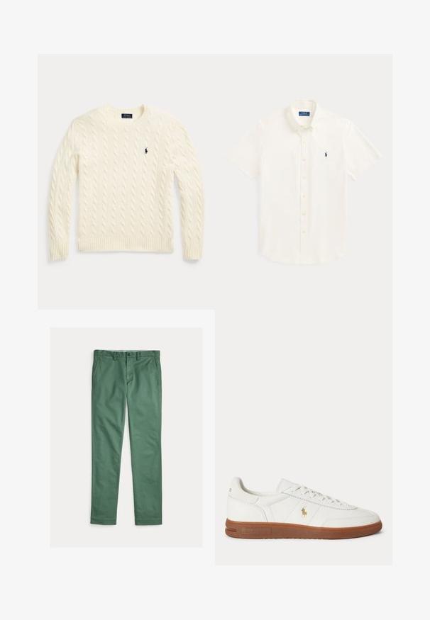 Cremefarbener Strickpullover mit Zopfstrickmuster, langen Ärmeln und dem Polo Ralph Lauren Logo, das auf der linken Brust gestickt ist.; Weißes Kurzarm-Hemd mit Knopfleiste, Kragen und kleinem dunkelblauem Polo Ralph Lauren-Logo auf der linken Brust.; Grüne Herrenstoffhose mit geradem Bein, vorderen Taschen, Gürtelschlaufen und Knopfverschluss, flach auf weißem Hintergrund präsentiert.; Weißer Sneaker mit niedrigem Schnitt, brauner Sohle, Schnürung vorne und kleinem goldfarbenem Polo Ralph Lauren Logo an der Seite.