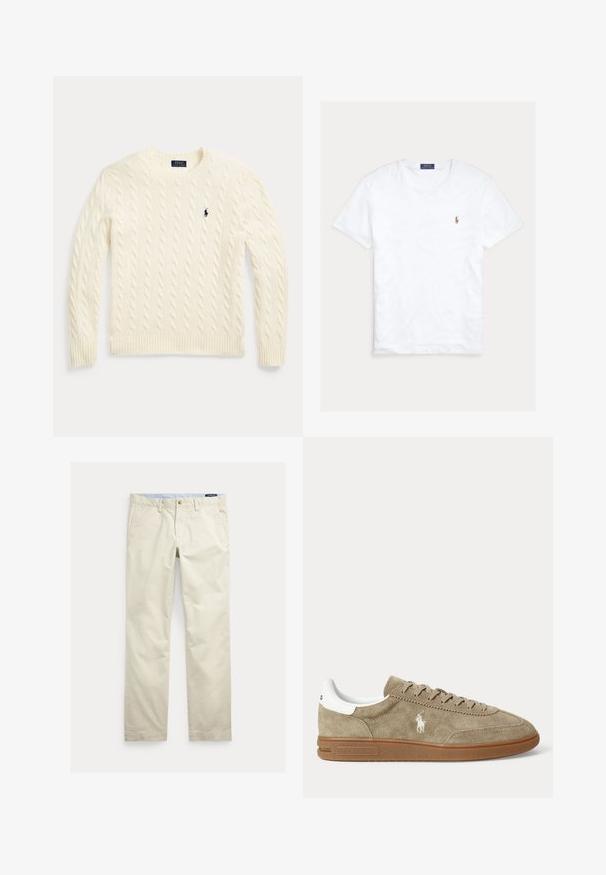Jersey de punto trenzado color crema con mangas largas y logo de Polo Ralph Lauren bordado en el pecho izquierdo.; Camiseta blanca de manga corta y cuello redondo con pequeño logo bordado de Polo Ralph Lauren en el pecho izquierdo y etiqueta azul de la marca en el interior del cuello.; Pantalones de algodón beige de corte recto con trabillas para cinturón, botón frontal, cierre de cremallera y bolsillos laterales.; Zapatilla baja de ante beige con suela marrón, detalle blanco en el talón, cordones y un logo bordado blanco de un jugador de polo en el lateral.