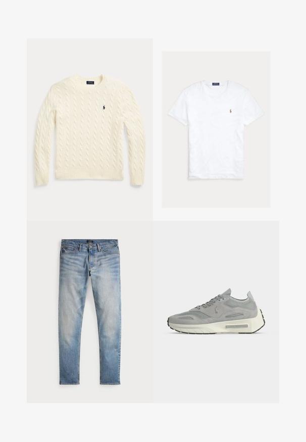 Jersey de punto trenzado color crema con mangas largas y logo de Polo Ralph Lauren bordado en el pecho izquierdo.; Camiseta blanca de manga corta y cuello redondo con pequeño logo bordado de Polo Ralph Lauren en el pecho izquierdo y etiqueta azul de la marca en el interior del cuello.; Jeans de mezclilla azul claro con un acabado desteñido, diseño de cinco bolsillos y costuras en contraste. Incluyen un cierre de cremallera y trabillas para cinturón. Corte recto.; Zapatilla gris de ante y malla con suela de plataforma blanca y logotipo de Ralph Lauren en el lateral y la suela, vista desde el lado interior.
