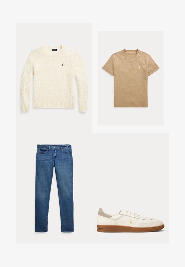 Jersey de punto trenzado color crema con mangas largas y logo de Polo Ralph Lauren bordado en el pecho izquierdo.; Camiseta beige de manga corta con cuello redondo y pequeño logotipo blanco de jugador de polo en el pecho izquierdo.; Jeans de mezclilla azul con un corte ajustado, que cuentan con bolsillos delanteros, trabillas para cinturón y un cierre de botón sobre un fondo blanco.; Zapatilla blanca de piel con corte bajo, suela de goma marrón, parche de ante beige en el talón y pequeño logo dorado de Polo en el lateral.