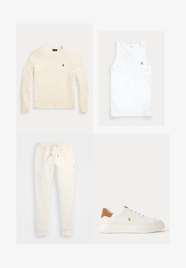 Cremefarbener Strickpullover mit Zopfstrickmuster, langen Ärmeln und dem Polo Ralph Lauren Logo, das auf der linken Brust gestickt ist.; Weißes ärmelloses Tanktop mit rundem Ausschnitt und kleinem dunkelblauem Polo Ralph Lauren Pferdelogo auf der linken Brust.; Cremfarbene Sweatpants aus weichem Material, mit einem elastischen Bund und Zugband, schmal zulaufenden Beinen und einem kleinen Logo an der Seite.; Weißer Sneaker mit niedrigem Schaft, beige Fersenlasche, weißen Schnürsenkeln und kleinem, besticktem Polospieler-Logo an der Seite über einer dicken Sohle.