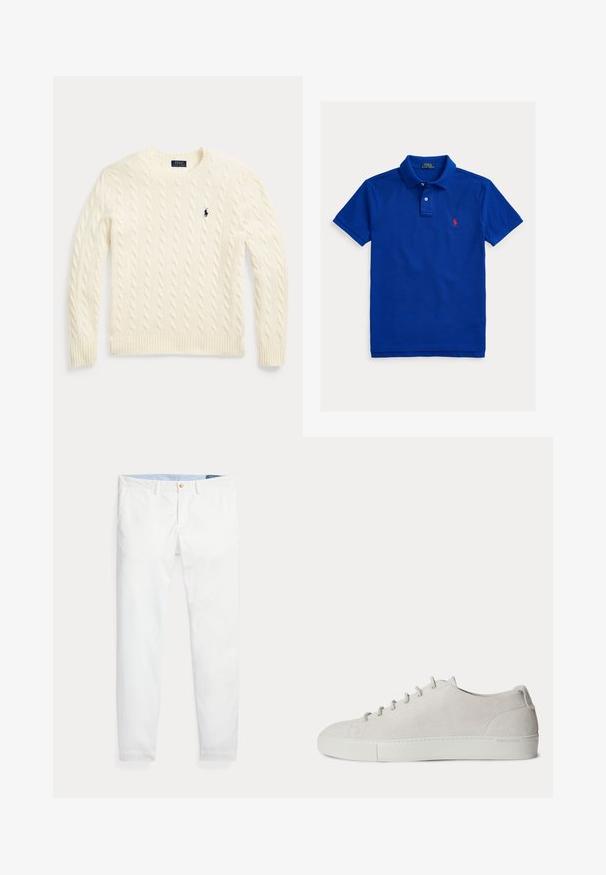 Jersey de punto trenzado color crema con mangas largas y logo de Polo Ralph Lauren bordado en el pecho izquierdo.; Polo azul de manga corta con cuello, tapeta de dos botones y pequeño logo bordado en rojo en el pecho izquierdo.; Pantalones chinos de algodón blanco con un corte ajustado, que cuentan con un cierre de un solo botón dorado y una cinturilla interior azul claro. Textura lisa sin estampados.; Zapatilla blanca de ante bajo con cordones delanteros y suela de goma, diseño minimalista.