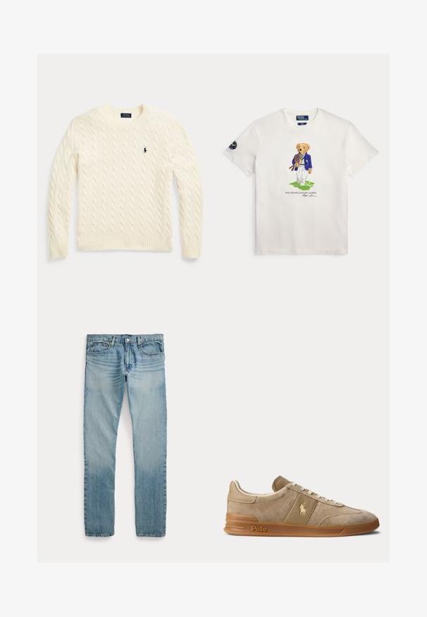 Pull en maille torsadée couleur crème avec manches longues et logo Polo Ralph Lauren brodé sur la poitrine gauche.; T-shirt blanc avec un ours en peluche portant un blazer bleu tenant des raquettes de tennis, debout sur un court vert avec un texte en dessous.; Jean denim bleu clair à coupe droite, cinq poches, fermeture par bouton et détails subtilement délavés autour des cuisses et des genoux.; Basket basse beige en daim et cuir avec semelle en gomme, lacets blancs, et logo Polo sur le côté et la semelle.