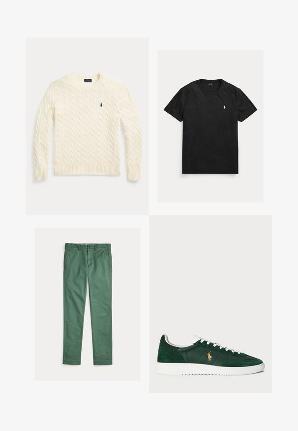 Jersey de punto trenzado color crema con mangas largas y logo de Polo Ralph Lauren bordado en el pecho izquierdo.; Camiseta negra de manga corta con cuello redondo y pequeño logo amarillo de Polo Ralph Lauren en el lado izquierdo del pecho.; Pantalones verdes de corte recto para hombre con bolsillos delanteros, trabillas para cinturón y cierre de botón, mostrados extendidos sobre un fondo blanco.; Zapatillas verdes de ante y cuero con suela de goma blanca, que presentan un logo dorado en el lateral y cordones blancos. Diseño clásico de corte bajo.