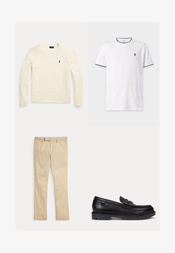 Kremfarvet kabelstrikket sweater med lange ærmer og Polo Ralph Lauren-logo broderet på venstre bryst.; Hvid T-shirt med korte ærmer og sort kant ved krave og ærmer, med et lille sort Polo Ralph Lauren logo på venstre bryst.; Beige bukser med lige ben, bæltestropper og frontlynlås, lagt fladt mod en hvid baggrund.; Sort læderloafer med tyk, mønstret sål og lille grøn "Polo"-mærke på ydersiden nær hælen.