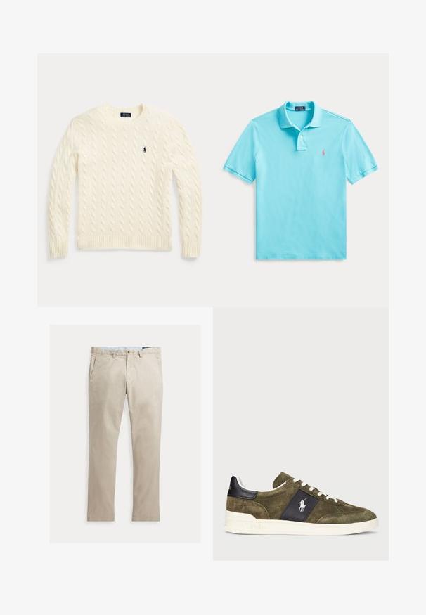 Jersey de punto trenzado color crema con mangas largas y logo de Polo Ralph Lauren bordado en el pecho izquierdo.; Polo de manga corta azul claro con dos botones y pequeño logo bordado en rosa en el pecho, colocado plano sobre fondo blanco.; Pantalones de algodón beige de pierna recta con bolsillos delanteros, trabillas para cinturón, cierre de botón y cremallera, mostrados extendidos sobre un fondo blanco.; Zapatillas de ante verde oliva con un panel de acento azul marino, cordones blancos y un logo. Presentan una superficie texturizada y una suela de goma blanca.