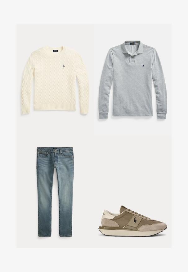 Pull en maille torsadée couleur crème avec manches longues et logo Polo Ralph Lauren brodé sur la poitrine gauche.; Polo à manches longues gris en tissu doux, avec un col classique, trois boutons et un petit logo bleu marine sur le côté gauche de la poitrine.; Jean en denim bleu à coupe droite avec poches avant, passants de ceinture et fermeture par bouton.; Vue latérale d'une basket beige et marron avec des accents en daim et le logo Polo sur le côté, sur un fond uni.
