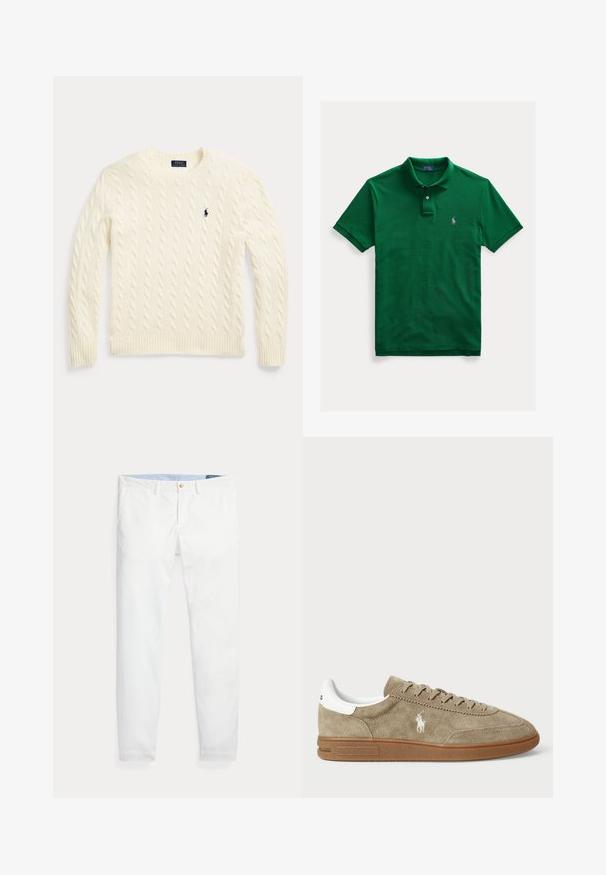 Jersey de punto trenzado color crema con mangas largas y logo de Polo Ralph Lauren bordado en el pecho izquierdo.; Polo verde de manga corta con tapeta de dos botones y pequeño logo morado bordado en el pecho izquierdo.; Pantalones chinos de algodón blanco con un corte ajustado, que cuentan con un cierre de un solo botón dorado y una cinturilla interior azul claro. Textura lisa sin estampados.; Zapatillas de ante en color marrón con detalles en blanco, punta redonda y diseño con cordones. Presenta un logotipo en relieve y suela de goma para mayor tracción.
