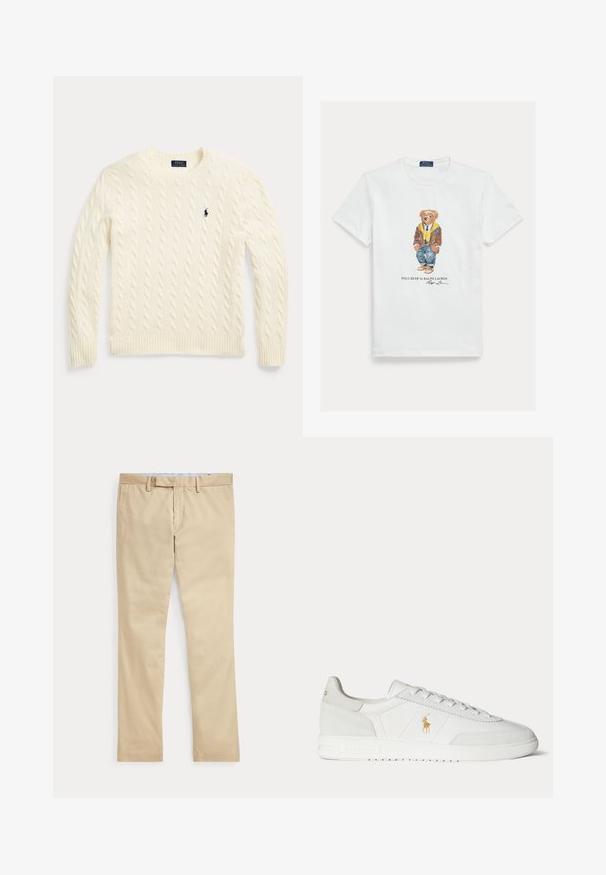 Krémový sveter s dlhými rukávmi, pletený vzorom vrkočov a vyšívaným logom Polo Ralph Lauren na ľavej hrudi.; Biele bavlnené tričko s grafikou oblečeného kresleného medveďa. Výrazné detaily zahŕňajú hnedú bundu, žltú mikinu s kapucňou a modré džínsy.; Béžové nohavice s rovnými nohavicami, s pútkami na opasok a predným zipsom, položené na bielom pozadí.; Biela nízka teniska so šnurovaním, zlaté logo Polo Ralph Lauren na boku a textúrovaná podrážka na jednofarebnom pozadí.