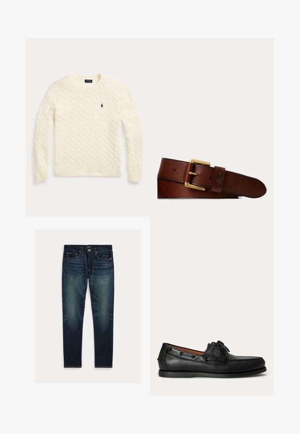 Crèmekleurige kabelgebreide trui met lange mouwen en geborduurd Polo Ralph Lauren-logo op de linkerborst.; Donkerblauwe slim-fit jeans met vervaagde details, vijfzakkenontwerp en knoopsluiting, plat gelegd op een witte achtergrond.; Zwarte leren mocassin met veterdetail en lage rubberen zool, zijaanzicht op een eenvoudige lichte achtergrond.; Bruine gestructureerde leren riem met een gouden rechthoekige gesp, met "Polo" gegraveerd op de punt van de gesp en een klein reliëflogo op de lus.
