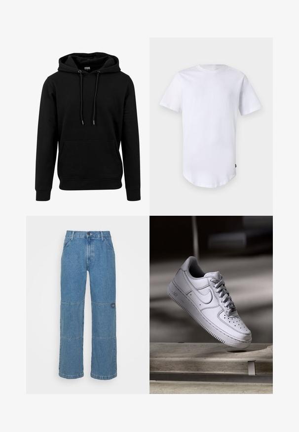 Μαύρη hoodie φτιαγμένη από μαλακό ύφασμα, με μια μεγάλη μπροστινή τσέπη, κορδόνια και ριμπ μανσέτες και στρίφωμα. Απλός, μονόχρωμος σχεδιασμός.; Λευκό κοντομάνικο μπλουζάκι από βαμβάκι. Σχέδιο με στρογγυλή λαιμόκοψη και καμπυλωτό στρίφωμα. Ετικέτα ορατή στην κάτω αριστερή πλευρά. Λείος υφασμάτινος χαρακτήρας.; Ανοιχτού μπλε τζιν παντελόνι με χαλαρή εφαρμογή, διαθέτοντας πάνελ με πλεξούδα, κλείσιμο με κουμπί στο πάνω μέρος, σχέδιο πέντε τσεπών και διακριτική σήμανση στο πόδι.; Λευκό δερμάτινο αθλητικό παπούτσι Nike Air Force 1 με διάτρητο μπροστινό μέρος, επίπεδα κορδόνια και υφή στην καουτσούκ σόλα με το λογότυπο "AIR" στην πλευρά.