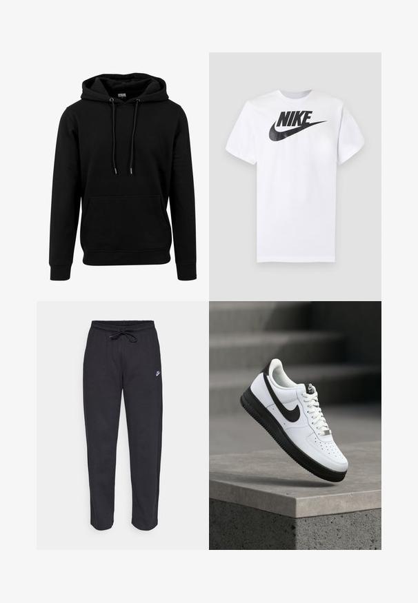 Schwarzer Hoodie aus weichem Stoff, mit einer großen Fronttasche, Kordeln und gerippten Bündchen und Saum. Einfaches, einfarbiges Design.; Weißes kurzärmeliges T-Shirt mit schwarzem Nike-Logo und Swoosh, zentriert auf der Brust, vor einfarbigem grauem Hintergrund.; Schwarze Sweatpants aus weichem Stoff mit elastischem Bund, Kordelzug und kleinem Nike-Logo auf dem linken Oberschenkel.; Weißer Ledersneaker mit schwarzen Akzenten, abgerundetem Zehenbereich und perforierten Details. Schwarze Gummisohle mit strukturiertem Muster und Schnürverschluss.
