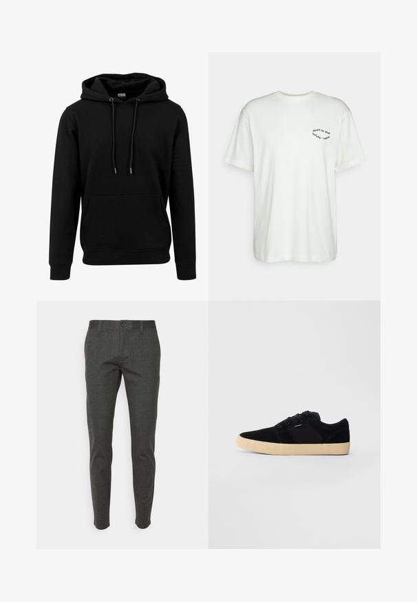 Zwarte hoodie van zachte stof, voorzien van een grote voorzak, trekkoorden en ribbels aan de mouwen en onderkant. Eenvoudig, effen kleurontwerp.; Witte katoenen T-shirt met korte mouwen, ronde halslijn en een kleine zwarte grafische tekst op het linker borstgebied.; Donkergrijze op maat gemaakte broek van een gestructureerde stof, met een ritssluiting, knoopsluiting en zijzakken. Smal model.; Zwarte sneaker met lage schacht en een beige gestructureerde zool, veters en een klein zijlogo op een effen lichtgrijze achtergrond.