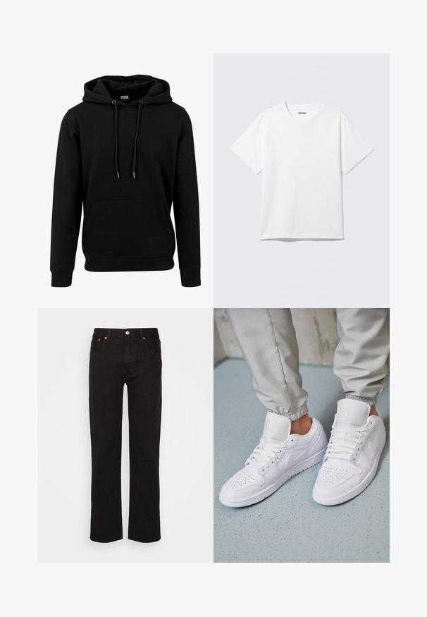 Schwarzer Hoodie aus weichem Stoff, mit einer großen Fronttasche, Kordeln und gerippten Bündchen und Saum. Einfaches, einfarbiges Design.; Weißes T-Shirt mit kurzen Ärmeln und Rundhalsausschnitt, flach liegend, schlichtes Design, mit „WEEKDAY“-Etikett innen im Kragen auf hellem Hintergrund.; Schwarze gerade geschnittene Jeans aus Baumwolle. Verfügt über fünf Taschen, einen Metallknopf und orangefarbene Nähte an der Vorderseite.; Weiße Ledersneaker mit perforierter Zehenbox, flachen Schnürsenkeln, gepolstertem Kragen und dem Jordan-Logo auf der Zunge. Getragen mit grauen Jogginghosen.