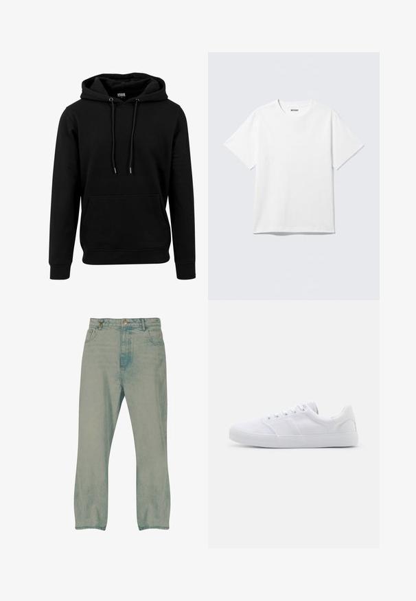 Μαύρη hoodie φτιαγμένη από μαλακό ύφασμα, με μια μεγάλη μπροστινή τσέπη, κορδόνια και ριμπ μανσέτες και στρίφωμα. Απλός, μονόχρωμος σχεδιασμός.; Λευκό κοντομάνικο T-shirt με στρογγυλή λαιμόκοψη, απλή σχεδίαση, τοποθετημένο οριζόντια, με ετικέτα «WEEKDAY» μέσα στο γιακά σε ανοιχτό φόντο.; Φωτεινό γαλάζιο τζιν με ευθείες γραμμές, εμπρόσθιο κουμπί, θηλιές για ζώνη και εμπρόσθιες τσέπες, απεικονίζεται σε λευκό φόντο.; Λευκά καμβά παπούτσια με καουτσούκ σόλα, που διαθέτουν έξι τρυπίτσες, υφηλό καπάκι ποδιού και μινιμαλιστικό σχέδιο.
