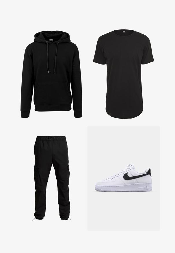 Schwarzer Hoodie aus weichem Stoff, mit einer großen Fronttasche, Kordeln und gerippten Bündchen und Saum. Einfaches, einfarbiges Design.; Schwarzes T-Shirt mit kurzen Ärmeln aus Baumwolle. Verfügt über einen runden Halsausschnitt und einen geraden Schnitt mit einem leicht längeren Rückenbund. Weiche Textur.; Schwarze Cargo-Hosen aus strapazierfähigem Stoff, mit elastischem Bund, verstellbaren Kordeln und Seitentaschen mit Klappen.; Weißes Leder-Sneaker mit einem strukturierten schwarzen Swoosh, flachen Schnürsenkeln und einer Gummisohle mit genoppetem Muster. "AIR" ist auf der Ferse eingeprägt.