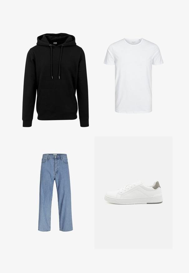 Sort hoodie lavet af blødt materiale, med en stor frontlomme, snoretræk og ribbede manchetter og kant. Enkel, ensfarvet design.; Rundhals kortærmet t-shirt i ensfarvet hvid, lavet af blød bomuld, har et simpelt design uden synlige mønstre eller detaljer.; Lyseblå denimjeans med en afslappet pasform, der har høj talje, vide ben og fem lomme-design. Stoffet har en blød tekstur.; Hvid sneaker lavet af glat læder, rund tå, minimalistisk design, grå hælafsats og tekstureret gummisål.