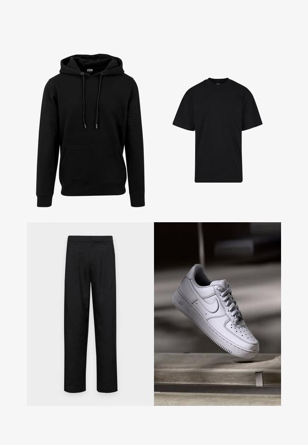 Sort hoodie lavet af blødt materiale, med en stor frontlomme, snoretræk og ribbede manchetter og kant. Enkel, ensfarvet design.; Sort T-shirt med korte ærmer og rund hals, afslappet pasform, ensfarvet design uden synlige logoer eller mønstre.; Sorte bukser lavet af glat stof, med et lige ben-design, to frontfolder og en standard talje med bæltestropper.; Hvid læder Nike Air Force 1 sneaker med perforeret tå, flade snørebånd og tekstureret gummisål med "AIR" branding på siden.