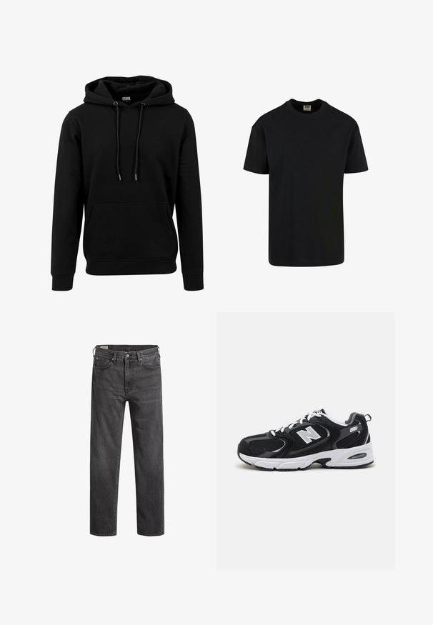 Sort hoodie lavet af blødt materiale, med en stor frontlomme, snoretræk og ribbede manchetter og kant. Enkel, ensfarvet design.; Urban Classics SHORTSLEEVE - T-shirts basic - black; Mørkegrå denim jeans med lige ben, fem lommer og kobbernitter. Klassisk design med en let falmet struktur.; Sorte og grå sportssko med mesh og ruskind på overdelen, der har en hvid mellemsål, snørebånd og et iøjnefaldende "N" logo på siden.