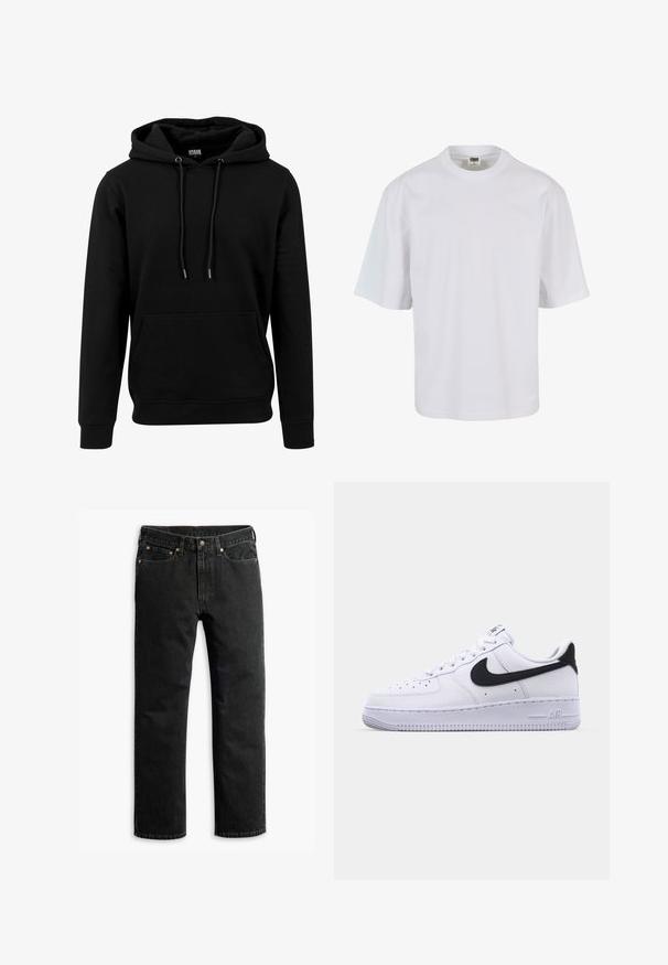 Sort hoodie lavet af blødt materiale, med en stor frontlomme, snoretræk og ribbede manchetter og kant. Enkel, ensfarvet design.; Hvid, kortærmet t-shirt lavet af bomuld. Har rund halsudskæring og løs pasform med en glat tekstur og ingen synlige mønstre eller grafik.; Sorte lige ben denim jeans med fem lommer, bæltestropper og en knaplukning i taljen, lagt fladt på en hvid baggrund.; Hvide lædersneakers med en struktureret sort Swoosh, flade snørebånd og en gummisål med et rillemønster. "AIR" er præget på hælen.