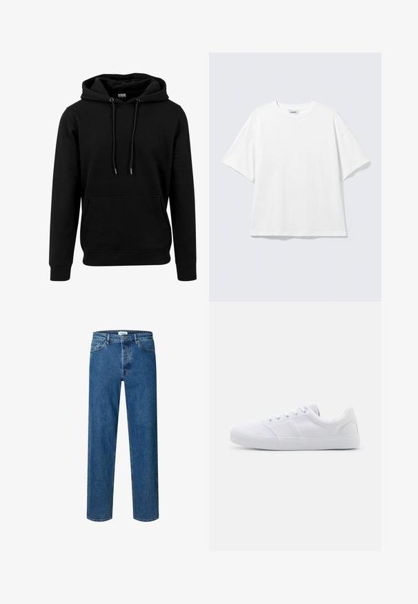 Sort hoodie lavet af blødt materiale, med en stor frontlomme, snoretræk og ribbede manchetter og kant. Enkel, ensfarvet design.; Hvid oversized t-shirt med korte ærmer og rund halsudskæring med sænkede skuldre, fladt lagt på lys grå baggrund.; Blå straight-leg denim jeans med knap- og lynlåslukning, bæltestropper og fem-lomme-design.; Hvide lærreds sneakers med gummisål, der har seks snørehuller, en struktureret tåkap og et minimalistisk design.
