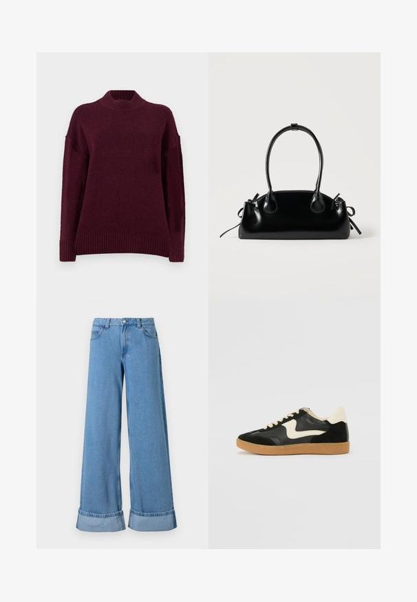 Pull en maille bordeaux avec un col montant à côtes, des épaules basses et un ourlet côtelé. Fabriqué à partir d'un matériau doux et texturé.; Jean en denim bleu clair à jambes larges avec une taille haute, des poignets roulés, un design à cinq poches et une fermeture à bouton avec un zip.; Baskets en daim et cuir noir avec un swoosh latéral crème et un talon crème clair. Dotées de lacets beige et d'une semelle en caoutchouc gomme.; Petit sac à main noir brillant avec deux longues anses et des détails à cordon sur les côtés sur un fond clair uni.