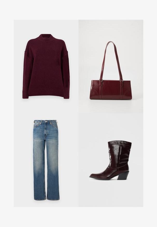 Pull en maille bordeaux avec un col montant à côtes, des épaules basses et un ourlet côtelé. Fabriqué à partir d'un matériau doux et texturé.; Jean taille haute, coupe large en denim bleu clair avec un léger délavage, design à cinq poches et accents en métal.; Bottines en cuir bourgogne avec un bout pointu, une surface texturée et un petit talon effilé. Présente une couture discrète et un ajustement confortable.; Sac à main bordeaux en matériau brillant, de forme rectangulaire, avec deux anses et des accents légèrement courbés à l'avant.