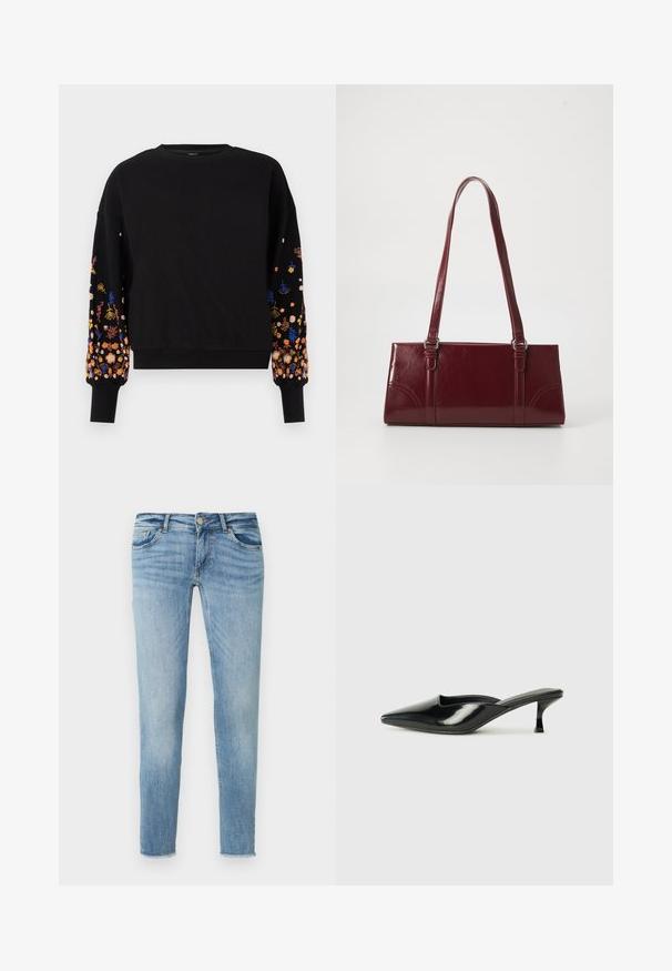 Schwarzer Pullover mit leuchtend buntem Blumenstickerei auf den Ärmeln, runder Halsausschnitt und gerippte Bündchen.; Hellblaue Slim-Fit-Denim-Jeans mit fünf Taschen, Knopfverschluss und dezenten Verwaschungen. Der Saum ist leicht ausgefranst.; Schwarze Lackleder-Mules mit spitzem Zeh, niedrigem Kitten-Heel und geschwungenen Seiten, die ein glänzendes Finish und ein minimalistisches Design aufweisen.; Burgunderfarbene Handtasche aus glänzendem Material, rechteckige Form, mit zwei Schulterriemen und subtilen, geschwungenen Akzenten an der Vorderseite.