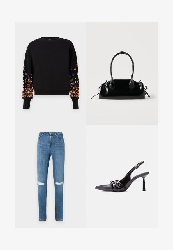 Sweatshirt noir avec broderie florale aux couleurs vives sur les manches, présentant un col rond et des poignets côtelés.; Jean denim bleu coupe skinny avec deux découpes déchirées aux genoux, fermeture par bouton et zip, et design classique à cinq poches.; Chaussure à talon haut slingback en cuir verni noir, bout pointu, avec trois brides décoratives bouclées sur le dessus.; Petit sac à main noir brillant avec deux longues anses et des détails à cordon sur les côtés sur un fond clair uni.