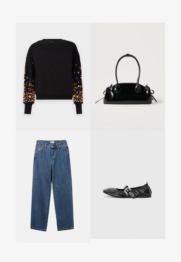 Sweatshirt noir avec broderie florale aux couleurs vives sur les manches, présentant un col rond et des poignets côtelés.; Jean en denim bleu classique avec une coupe droite, cinq poches et une fermeture par bouton. Présente un lavage moyen et une texture robuste.; Chaussure plate en cuir noir avec un nez pointu, des détails froncés autour de l'ouverture et un accent en boucle argentée sur la bride ajustable.; Petit sac à main noir brillant avec deux longues anses et des détails à cordon sur les côtés sur un fond clair uni.