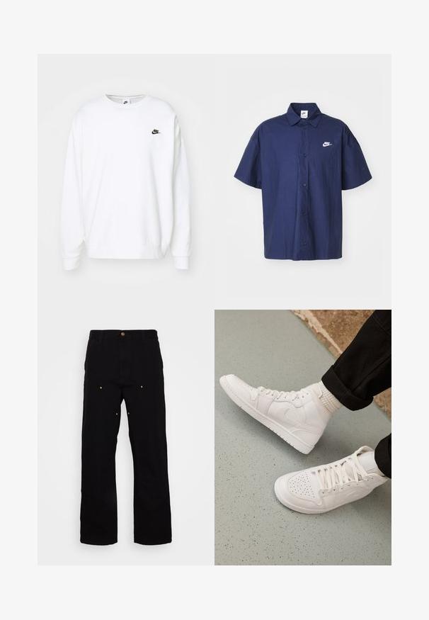 Valge puuvillaseguseg sweatshirt, millel on pikad varrukad, soonikkoes kraed ja soonikkoes mansetid. Rinnal on väike must Nike'i logo.; Tumesinine lühikeste varrukatega nööpidega särk, millel on kortsus tekstuur ja valge Nike logo vasakul rinnal. Omab standardset kraed ja musti nööpe.; Mustad teksapüksid otse lõikega, millel on kuldne riistvara ja nähtavad õmblused ees- ja tagataskutel.; Valged kõrged spordijalatsid sujuvast nahast, millel on perforatsioonidega varvas, paeltega sulgemine ja diskreetne logodetail küljel. Tekstuuriga kummitald.