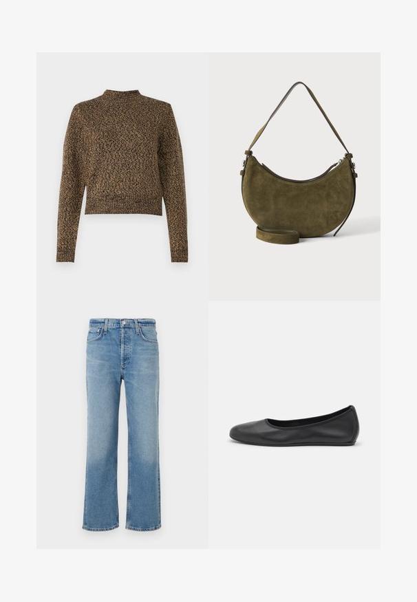 Pull en tricot brun avec un col haut, des manches longues et un design court. Présente un motif texturé sur l'ensemble, ajoutant de la profondeur au tissu.; Jean en denim bleu clair avec une coupe droite, doté d'une taille haute, de cinq poches et d'une finition classique légèrement délavée.; Ballerines en cuir noir avec un bout rond, texture lisse, détails de couture minimalistes et design de semelle flexible.; Sac à main en daim vert olive en forme de croissant avec une courte bandoulière et une sangle longue réglable supplémentaire, fermeture éclair sur le dessus.