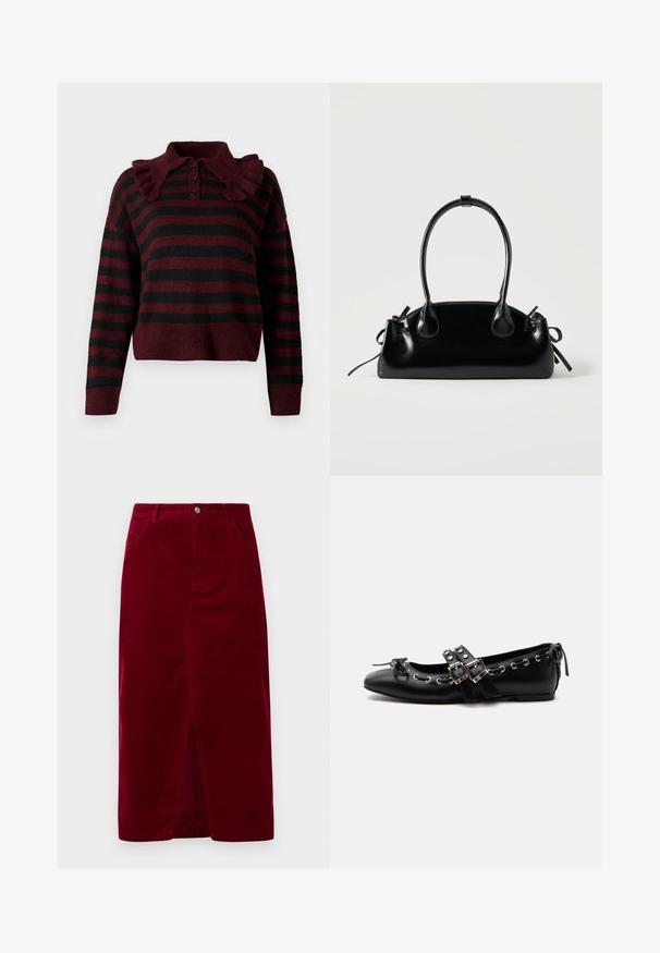 Pull en tricot rayé bordeaux et noir avec un col volants, patte de boutonnage à trois boutons et ourlet court. Texture douce avec une coupe décontractée.; Jupe en velours côtelé bordeaux avec une coupe droite, fente avant, passants de ceinture et deux poches, dotée d'une fermeture à bouton à l'avant.; Chaussure de ballet plate noire avec doubles brides à boucle, œillets argentés et petit nœud près de l’orteil arrondi sur fond blanc.; Petit sac à main noir brillant avec deux longues anses et des détails à cordon sur les côtés sur un fond clair uni.