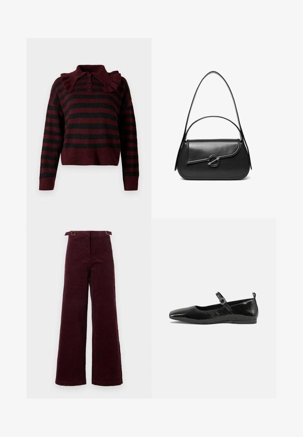 Pull en tricot rayé bordeaux et noir avec un col volants, patte de boutonnage à trois boutons et ourlet court. Texture douce avec une coupe décontractée.; Pantalons en velours côtelé à taille haute et jambes larges, de couleur bordeaux foncé, avec des sangles à boucle ajustables à la taille.; Chaussure plate en cuir verni noir avec un bout pointu, une sangle de cheville avec boucles, et une texture lisse et brillante. Talon bas pour le confort.; Sac à bandoulière en cuir noir avec un rabat incurvé fermé par un fermoir métallique rond et une sangle fine et ajustable.