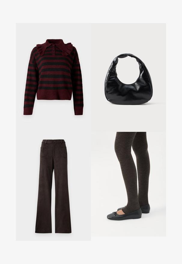 Pull en tricot rayé bordeaux et noir avec un col volants, patte de boutonnage à trois boutons et ourlet court. Texture douce avec une coupe décontractée.; Pantalons à large jambe marron en tissu doux et texturé. Les caractéristiques incluent une fermeture à bouton et deux poches avant.; Jambes portant des leggings côtelés foncés associés à des ballerines noires avec de petits détails en nœud sur fond blanc.; Sac à main en simili cuir noir avec une forme de croissant unique, une large poignée rembourrée et une fermeture éclair. Texture lisse et brillante, design minimaliste.