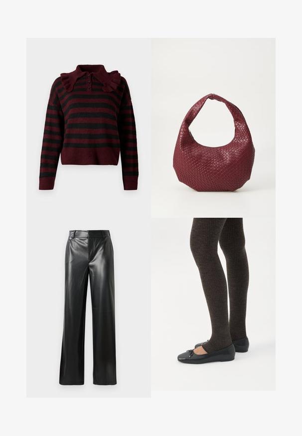 Suéter de punto a rayas burdeos y negro con un cuello acampanado, tapeta de tres botones y un dobladillo corto. Textura suave y corte relajado.; Pantalones de cuero negro de pierna ancha con una textura suave, que cuentan con una cinturilla de altura media y sutiles líneas de pliegue delantero.; Piernas con leggings oscuros acanalados combinados con bailarinas negras que presentan pequeños detalles de lazo sobre un fondo blanco.; Bolso de mano burdeos tejido con una silueta redondeada, un solo asa y un acabado texturizado. Cierre con cremallera en la parte superior.