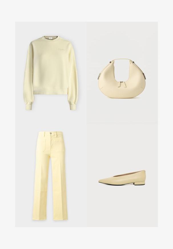 Sweat-shirt à manches longues couleur crème avec poignets et ourlet côtelés, et un logo brodé discret près de l'encolure sur un fond uni.; Pantalon jaune taille haute à jambes droites avec poches plaquées à l'avant et fermeture par boutons sur fond uni.; Chaussure femme en cuir beige avec talon bas, bout pointu et design minimaliste, présentée de profil sur un fond uni.; Sac à main beige en forme de croissant avec fermeture à double fermeture éclair et poignée courte, avec des détails en métal argenté sur les côtés.